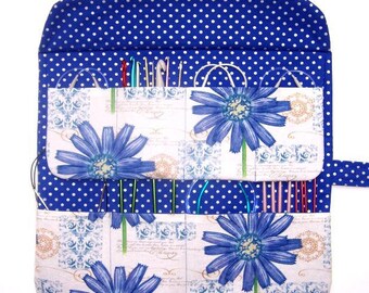 8 Pocket Circular Knitting Needle Holder, Double Pointed Needle DPN Roll Up In Blue Floral Print, Gift Ideas Under 30