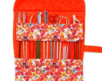 17 Pocket Knitting Needle Holder, 2 Rows, Orange Floral Print, DPN Double Pointed Needle and Crochet Hook Roll Up