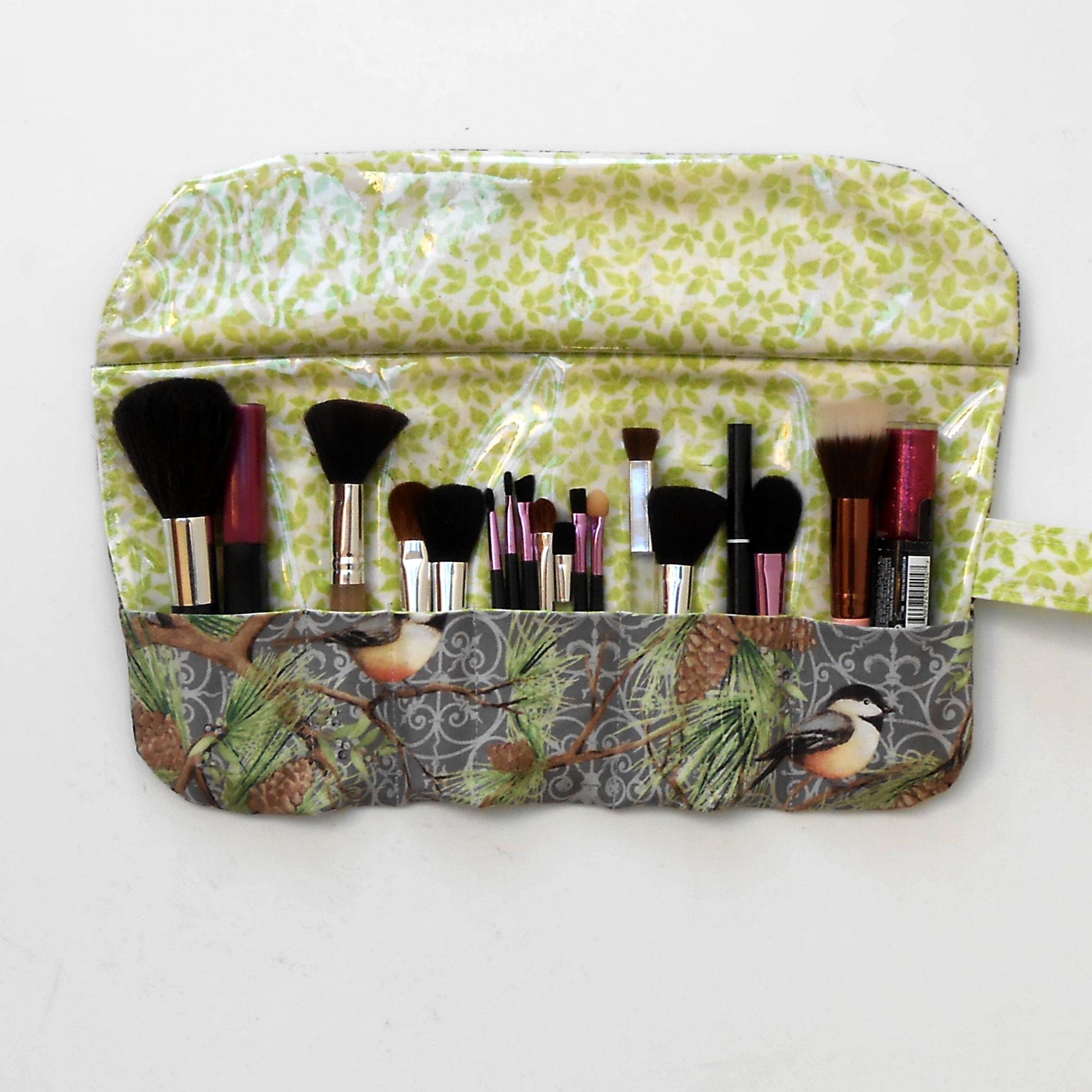 Green Floral Makeup Brush Holder With Wipe Clean Clear Vinyl Overlay and 7  Pockets, Cosmetic Brush Storage, Travel Brush Case 