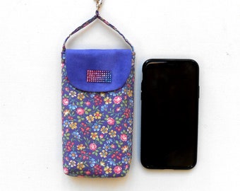 Phone Holder in Purple Ditsy Floral Print With Carrying Strap and Swivel Clasp to Hook on Belt or Purse, Cell Phone Pouch, Small Purse