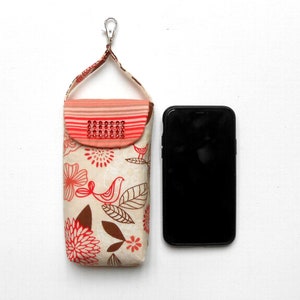 Peach Phone Pouch in Bird and Leaves Print, Carrying Strap, Swivel Clasp to Hook on Belt Loop or Purse, Cell Phone Holder