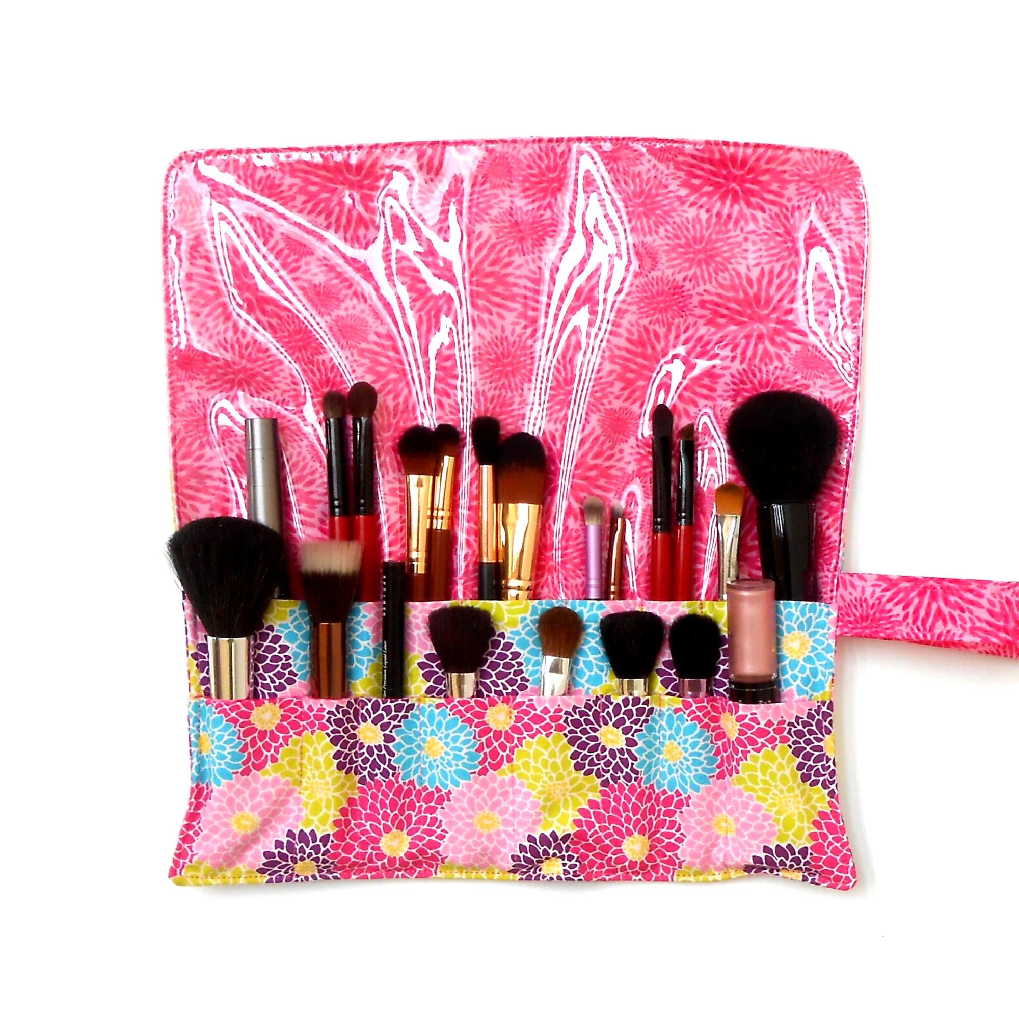 Makeup Brush Roll Up Pouch, 2 Rows, 15 Pockets, Wipe Clean Clear Vinyl Overlay