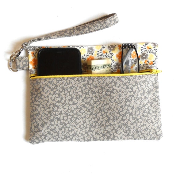 Floral Front Zippered Wristlet With Gey, Orange and Yellow Flowers, Small Purse with Removable Strap, Grey Clutch, Womens Wallet