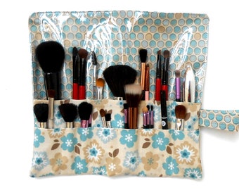 Travel Makeup Brush Holder in Teal and Tan Floral and Circle Print, 2 Rows, 15 Pockets, Wipe Clean Clear Vinyl Overlay, Cosmetic Brush Case