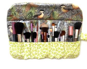 Bird Print Makeup Brush Holder With 7 Pockets, Easy Wipe Clean Clear Vinyl Overlay, Green Cosmetic Travel Brush Roll Up