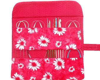 Pink Floral Circular Knitting Needle Holder With 2 Rows and 8 Pockets, Double Pointed Needle Case, Crochet Hook Roll Up