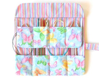 Circular Knitting Needle Fabric Storage Holder in Pastel Butterfly Print, 2 Rows, 8 Pockets, Padded Crochet Hook and Sock Needle Roll