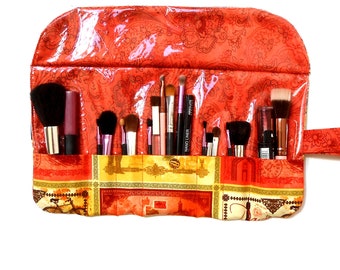 Orange and Yellow Makeup Brush Holder with 7 Pockets and Clear Vinyl Overlay, Postcard Print Easy Clean Travel Cosmetic Brush Storage