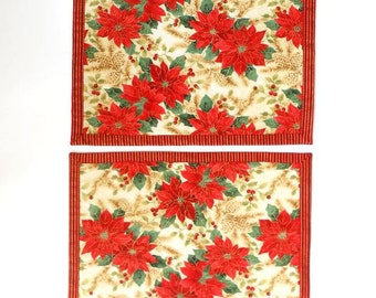 Cotton Reversible Placemats in Christmas Poinsettia Print, Set of 2 Red, Gold and Cream With Red Stripes on Back Side, Holiday Table Decor