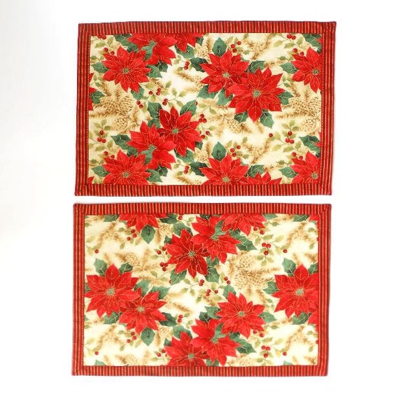 Christmas Poinsettia Placemats Set of 2 Red Gold Cream Floral Etsy