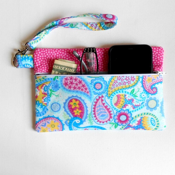 Blue and Pink Paisley Wristlet, Clutch With Removable Strap, Small Front Zippered Bag, Phone Wrist Purse