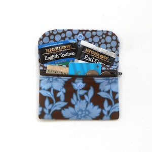 Blue Floral Wallet, Plastic Snap With Bling, 2 Pockets, Card, Tea Bag Holder, Zipper