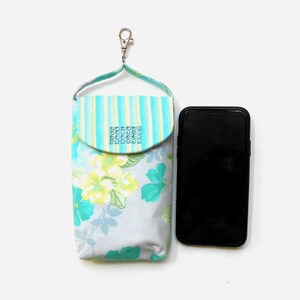 Floral Phone Holder in Turquoise, Carrying Strap With Lobster Clasp to Hook on Belt Loop or Purse, Phone Pouch, Small Travel Purse