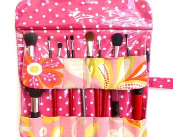 Easy Wipe Clean Makeup Brush Holder in Pink Floral with 13 Pockets, Clear Vinyl Overlay,  Travel Brush Case, Cosmetic Brush Storage