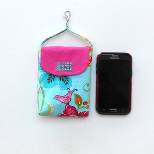 Cell Phone Pouch in Turquoise Floral and Bird Print, Small Travel Purse With Lobster Clasp to Hook on Belt Loop or Purse, Holder for Phone