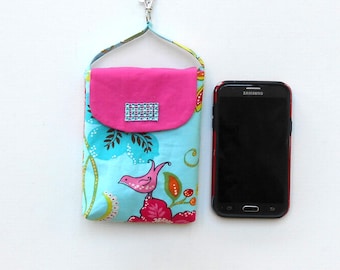 Cell Phone Carrier in Turquoise Floral Bird Print, Small Travel Purse With Lobster Clasp to Hook on Belt Loop or Purse