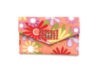 Handmade Small Pouch With Snap, Credit Card Wallet, Tea Bag Holder, Peach Floral Print