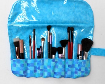 Blue Wipe Clean Makeup Brush Roll Up With 7 Pockets and Clear Vinyl Overlay, Travel Cosmetic Brush Holder, Gift For Her