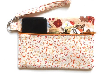 Peach Floral Cell Phone Wristlet With Front Zipper and Detachable Strap, Small Purse, Rust and Cream Vine Print Wallet