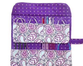 Storage For Circular Knitting Needles in Purple Ikat Print, Crochet Hook Holder, 2 Rows 8 Pockets, Double Pointed Needle Roll Up