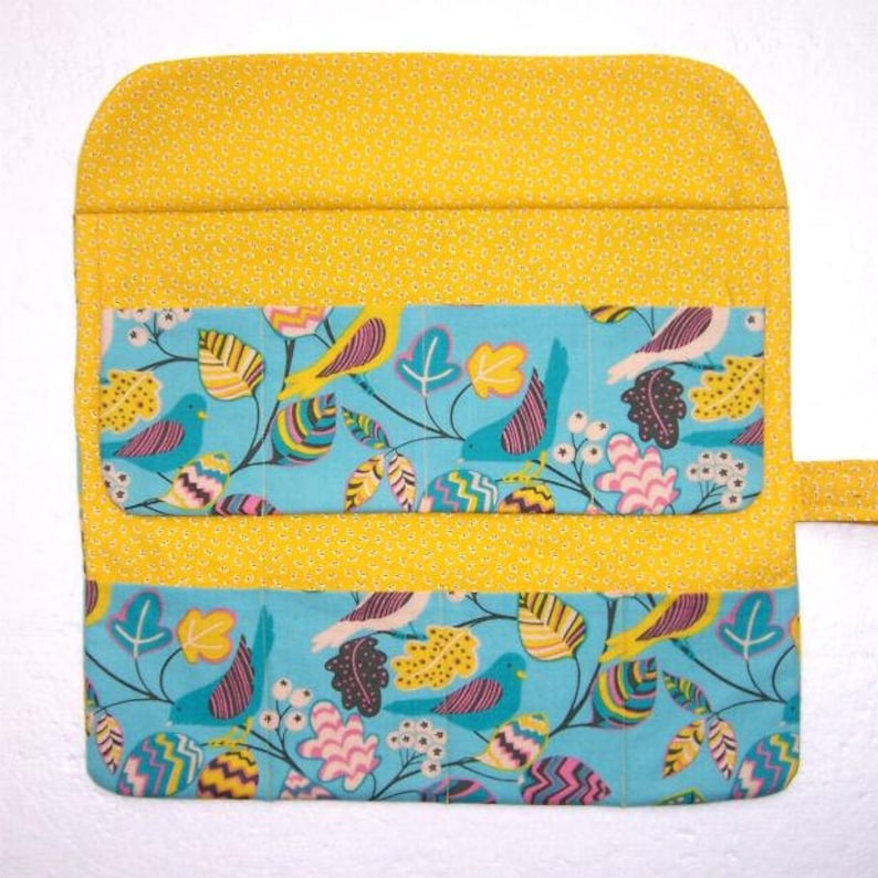 Crochet Hook Roll DPN Double Pointed Needle Holder Circular Knitting Needle Case in Yellow and Blue Bird Print