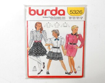 Vintage Burda 5326 Sewing Pattern for Teen Girls, 3 Tops and 1 Skirt Pattern, New and UnCut, Still Sealed, Sizes 10-16