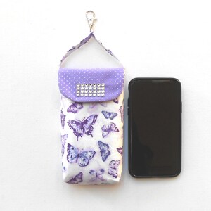 Lavender Phone Pouch in Butterfly Print With Carrying Strap and Swivel Clasp to Hook on Belt Loop or Purse, Cell Phone Holder
