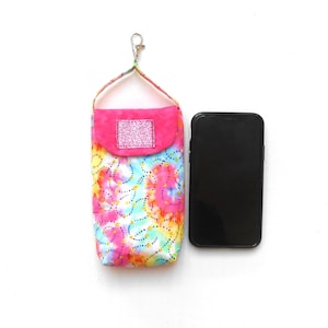 Hands Free Phone Holder in Pink and Blue Swirl Print With Lobster Clasp For Hooking on Belt Loop or Purse, Small Travel Purse, Female Gift