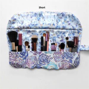 Easy Clean Blue Floral Makeup Brush Holder, 3 Sizes With 7 Pockets or 12, Clear Vinyl Overlay, Cosmetic Brush Storage, Female Birthday Gift