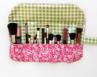 Pink Floral Makeup Brush Holder With Green Check Contrast, Clear Vinyl Overlay and 7 Pockets, Wipe Clean Travel Cosmetic Brush Roll