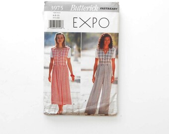Vintage Butterick Expo 3975 Sewing Pattern, Sizes 6, 8 and 10, Womens Dress and Jumpsuit, New and Uncut, Short Sleeves, Fast and Easy
