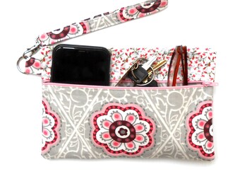 Floral Wristlet in Pink, Grey and Maroon, Front Zippered Clutch With Removable Strap, Cell Phone Holder