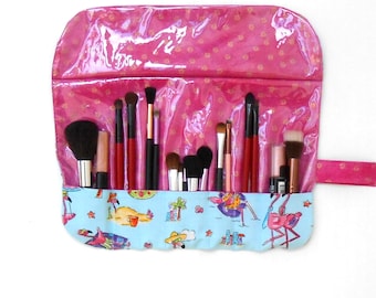 Novelty Flamingo Makeup Brush Roll Up With Wipe Clean Clear Vinyl Overlay, Travel Cosmetic Brush Holder With 7 Pockets