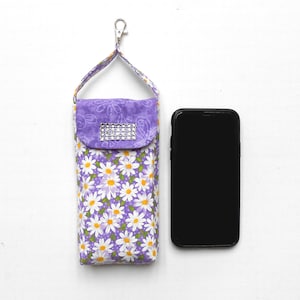 Phone Holder in White Daisy Print on Lavender, Carrying Strap, Swivel Clasp to Hook on Belt Loop or Purse, Cell Phone Pouch