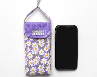 Phone Holder in White Daisy Print on Lavender, Carrying Strap, Swivel Clasp to Hook on Belt Loop or Purse, Cell Phone Pouch, Small Purse