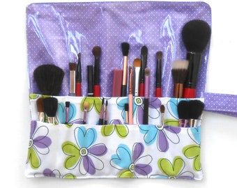 2 Row Makeup Brush Holder in Mod Floral Lavender and Blue, 15 Pockets and Wipe Clean Clear Vinyl Overlay, Travel Cosmetic Brush Case