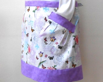 Lavender Plus Size Half Apron, 18-22  (2X-3X), Butterflies and Flowers With French Words, Pink and Blue, 2 Pockets, Waist Ties