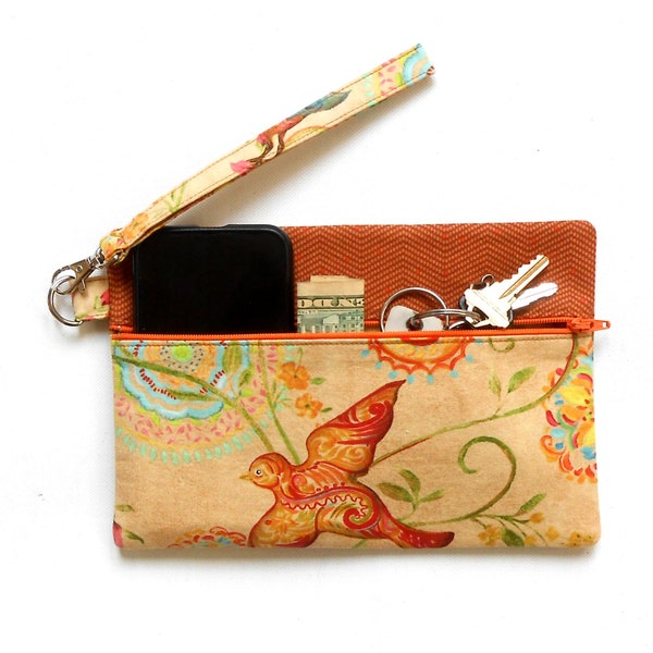 Bird Print Wristlet in Peach, Copper, Tan and Turquoise, Small Clutch, Travel Purse With Removable Strap and Front Zipper