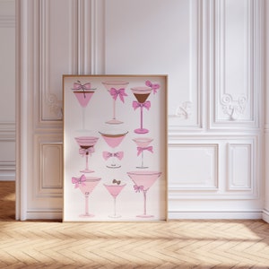 Trendy Pink Bow Espresso Martini Wall Art, Aesthetic Coquette Pink Bow, Espresso Martini Bar Cart Print