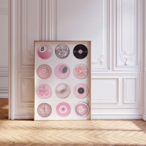 Impresión retro de círculo vintage, Arte de pared de moda rosa, Póster de 8 bolas, Impresión de decoración universitaria de estética funky para apartamento