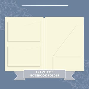 Puede incluir: Carpeta para cuaderno de viaje de color crema con bolsillos. La carpeta abierta tiene dos bolsillos rectangulares y un bolsillo en ángulo. El texto "TRAVELER'S NOTEBOOK FOLDER" se muestra en una pancarta gris en la parte inferior. El fondo es azul con detalles florales.