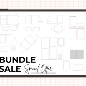 Puede incluir: Una ilustración digital de varias plantillas de manualidades en papel, incluyendo cajas, sobres y cubiertas de libros. Las palabras "BUNDLE SALE Special Offer" se muestran en negrita negra. El fondo es un patrón de cuadrícula.