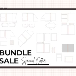 May include: A digital illustration of various papercraft templates, including boxes, envelopes, and book covers. The words "BUNDLE SALE Special Offer" are displayed in bold black font. The background is a grid pattern.