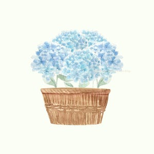 Téléchargement d&#39;art numérique Hortensia | Hortensias bleus dans un panier | Art mural floral | Art mural côtier | Décoration murale bleue | Impression d&#39;art aquarelle