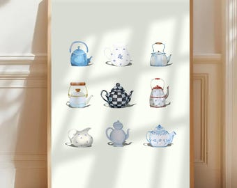 Arte de pared de tetera / Descarga de arte digital de tetera / Decoración de pared de cocina / Decoración de pared azul