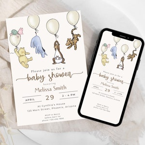 Editable Classic Winnie-the-pooh BABY SHOWER Classic Vintage Print and Digital Invitations. Gender Neutral. W5
