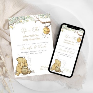Editable Gender Reveal Classic Winnie-the-pooh baby shower invitation and evite. Classic Print. Gender Reveal. Gender Neutral. Watercolor.