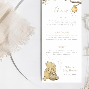 Classic Winnie-the-Pooh Menu Card. Food Menu. Editable Menu Card. Digital Menu. Printed Gender Neutral Decorations. W1