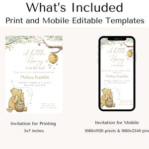 Peut inclure: Mod&egrave;les d'invitation de f&ecirc;te pr&eacute;natale imprimables et modifiables pour mobile avec Winnie l'ourson et un pot de miel. L'invitation indique "Un petit miel arrive !" et comprend le texte "Melissa Franklin" et "Samedi 27 ao&ucirc;t &agrave; 13h00 New York, New York".