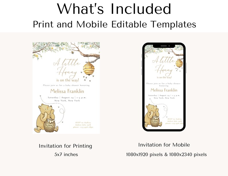 Peut inclure: Mod&egrave;les d'invitation de f&ecirc;te pr&eacute;natale imprimables et modifiables pour mobile avec Winnie l'ourson et un pot de miel. L'invitation indique "Un petit miel arrive !" et comprend le texte "Melissa Franklin" et "Samedi 27 ao&ucirc;t &agrave; 13h00 New York, New York".